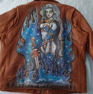 Walter Dyer Leather Jacket air brushed with Lady Death. Size large,color brown